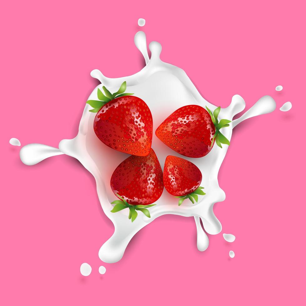 realistic strawberry with milk splash vector