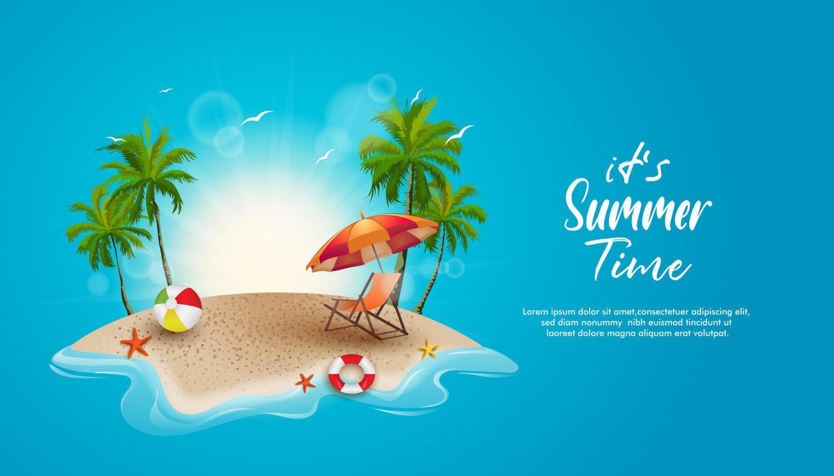 hermoso verano en la playa tropical con cocoteros, sol y elementos decorativos. diseño de verano de fondo con espacio en blanco para texto. vector