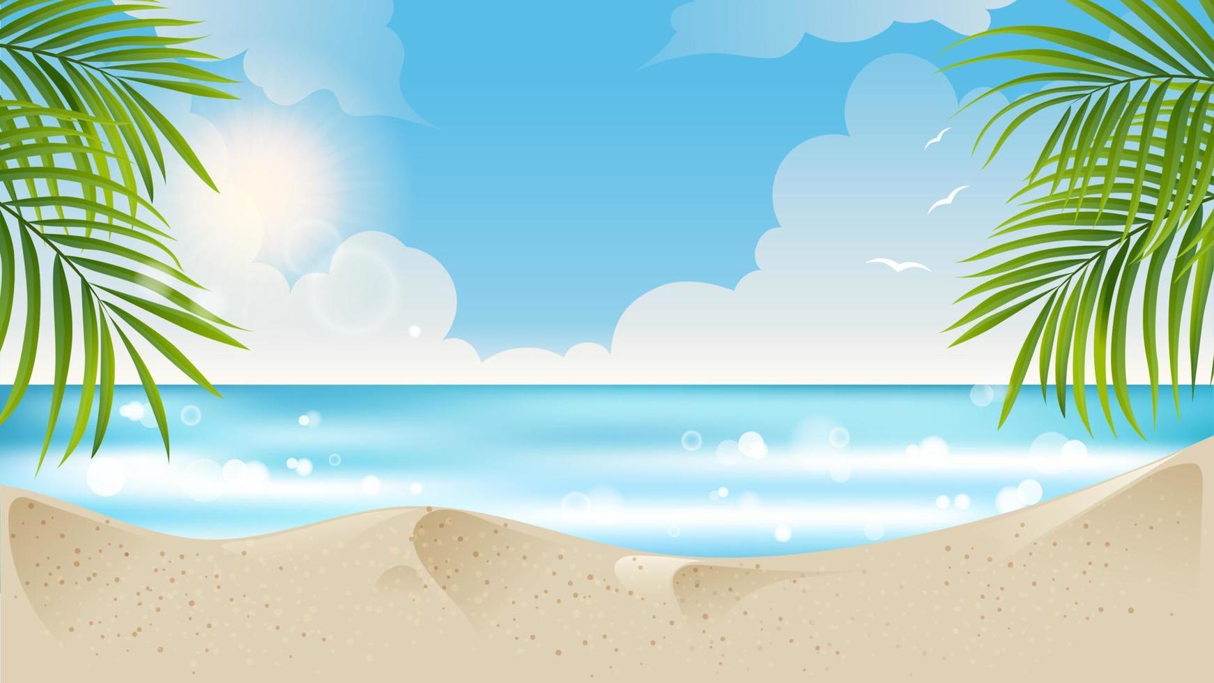 hermoso verano en la playa tropical con hojas de palma y nubes. verano de fondo. vector