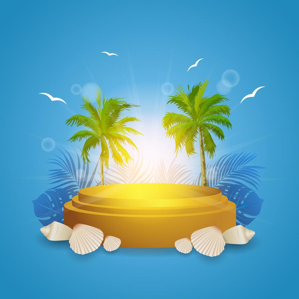 beautiful summer on tropical beach with coconut trees, shiny and golden podium. promo banner on summer. vector