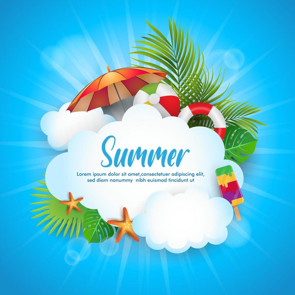 hermoso verano con palmeras, hojas tropicales y nubes. banner promocional en verano. vector
