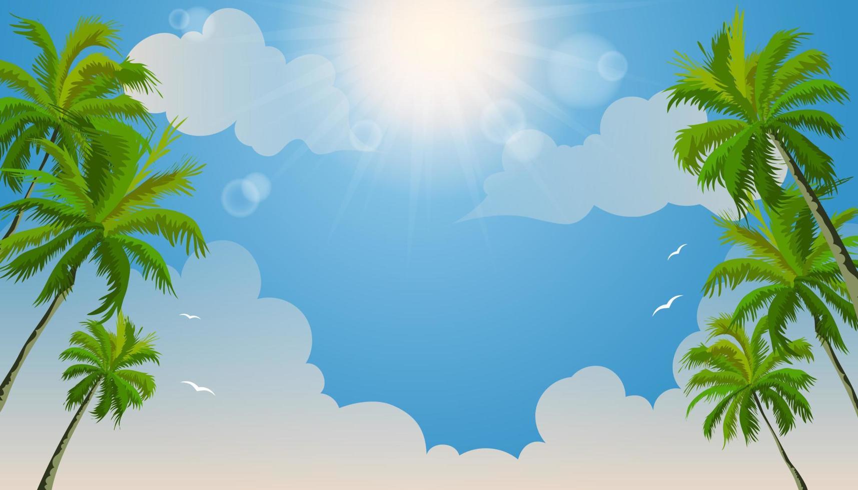 hermoso verano en la playa tropical con cocoteros y nubes. diseño de fondo de verano vector