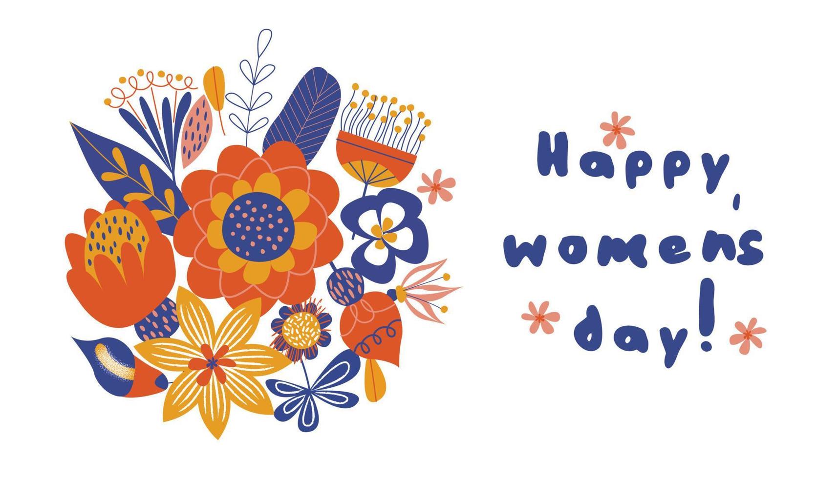 Greeting card, banner for the international women's day on March 8. Bouquets of colorful flowers. Vector illustration on a white background.