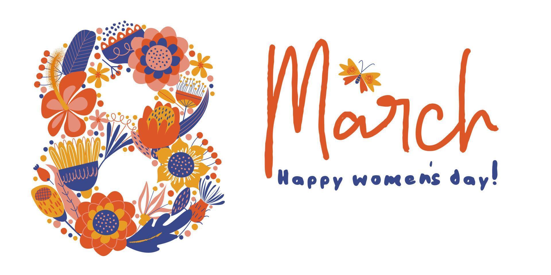 Greeting card, banner for the international women's day on March 8. Vector illustration on a white background.