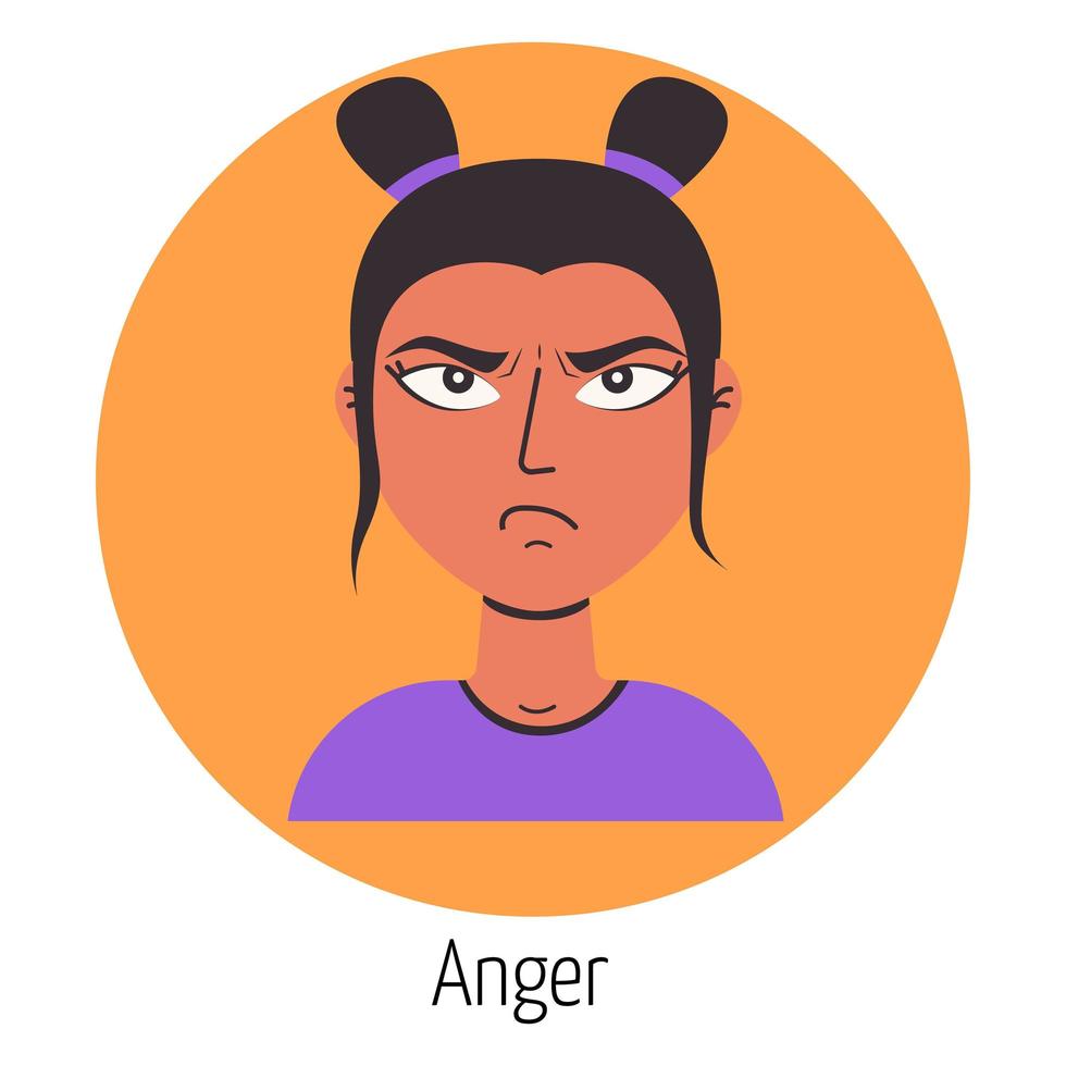 personaje femenino con cara de maldad. expresión facial. sentimiento de mujer joven. hermoso retrato de mujer. avatar de mujer, emoji vector