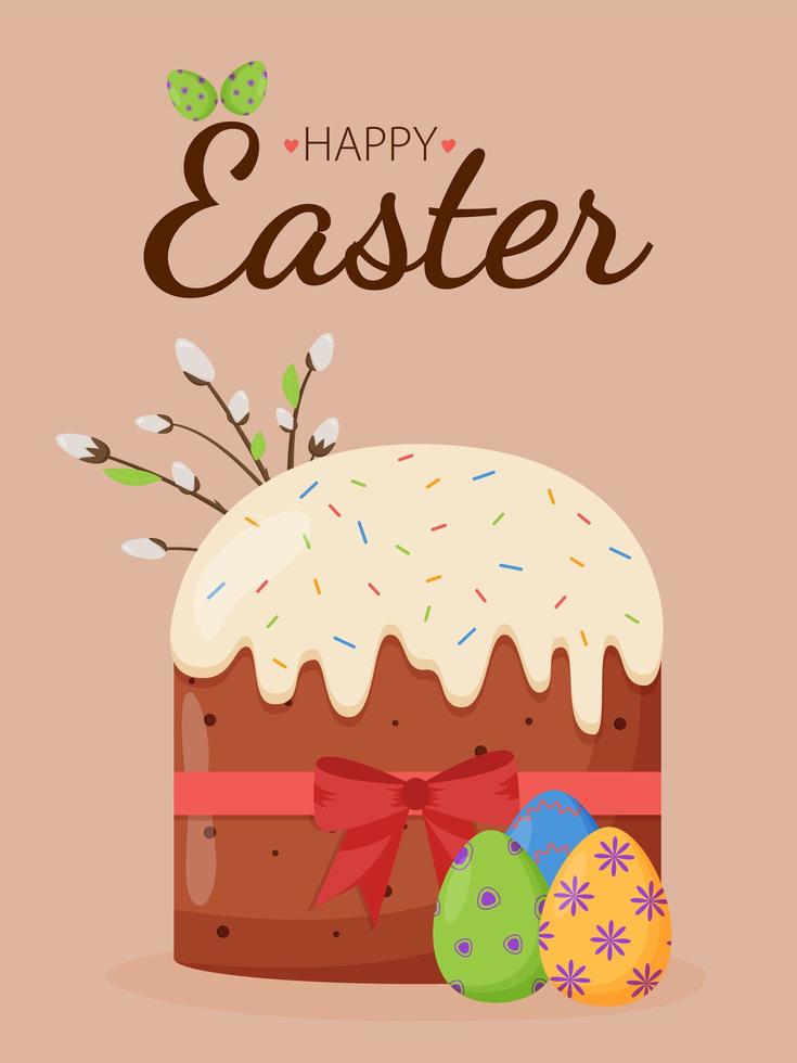 pastel de pascua con huevos coloridos y sauce. concepto de pascua. felices pancartas de pascua, tarjetas de felicitación, carteles, portadas de vacaciones. vector