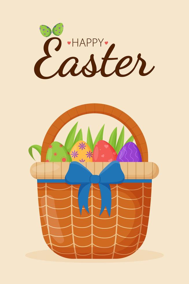 tarjeta de felicitación de Pascua con cesta de mimbre y huevos de Pascua. felices pancartas de Pascua, tarjetas de felicitación, carteles, portadas de vacaciones. vector