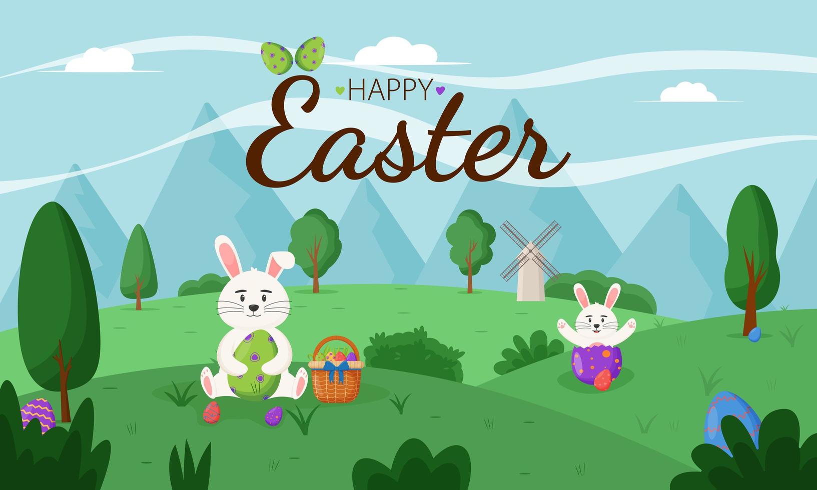 Happy Easter, spring landscape with cute Easter bunny. Happy easter eggs. Happy Easter banners, greeting cards, posters, holiday covers. vector