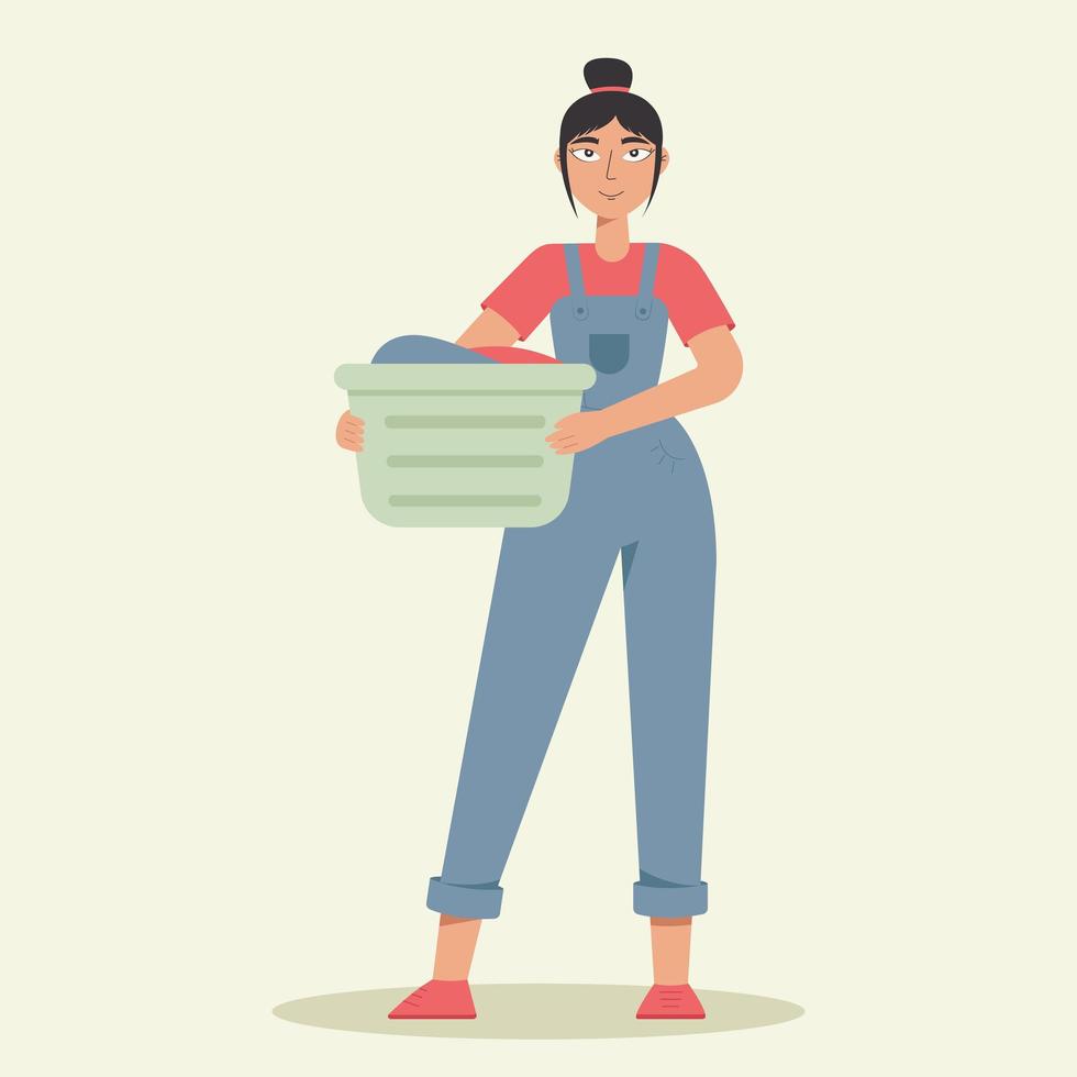 Happy woman doing laundry. Woman holding backet with clean clothes. Housework, laundry service. Washing clothes. vector