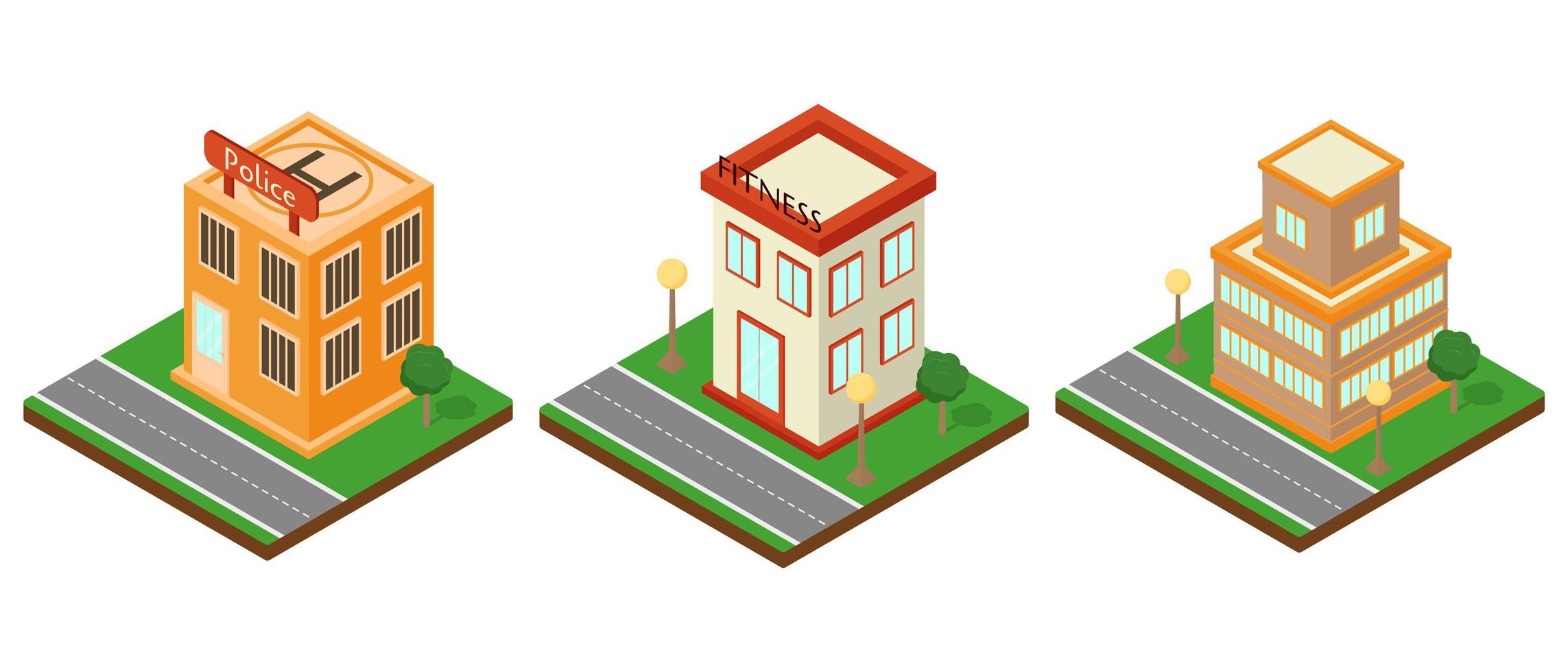 edificios modernos de conjuntos isométricos. cafetería, policía, gimnasio. icono isométrico o elemento infográfico. ilustración vectorial plana vector