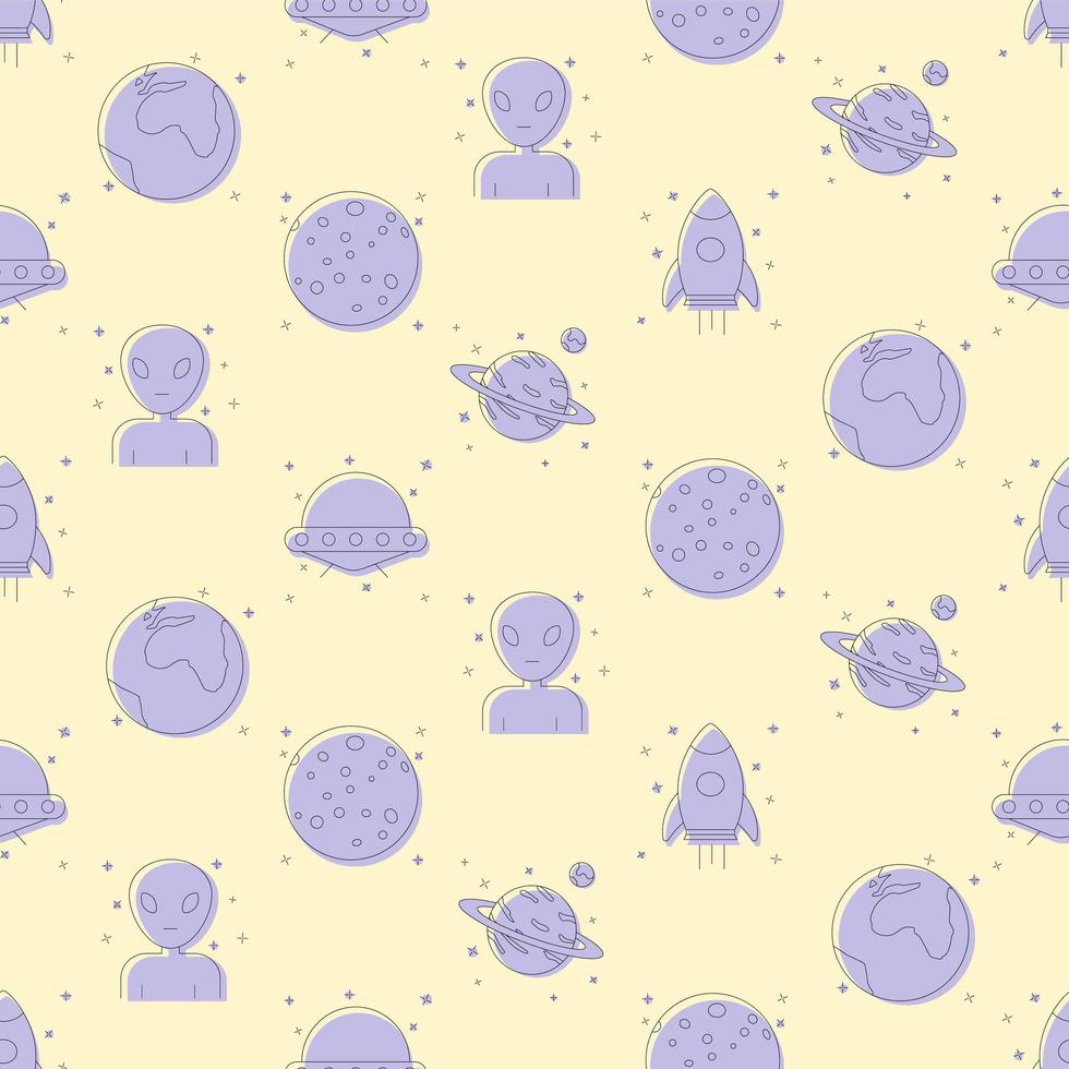 Space objects seamless pattern. Rocket, mars, earth, alien vector