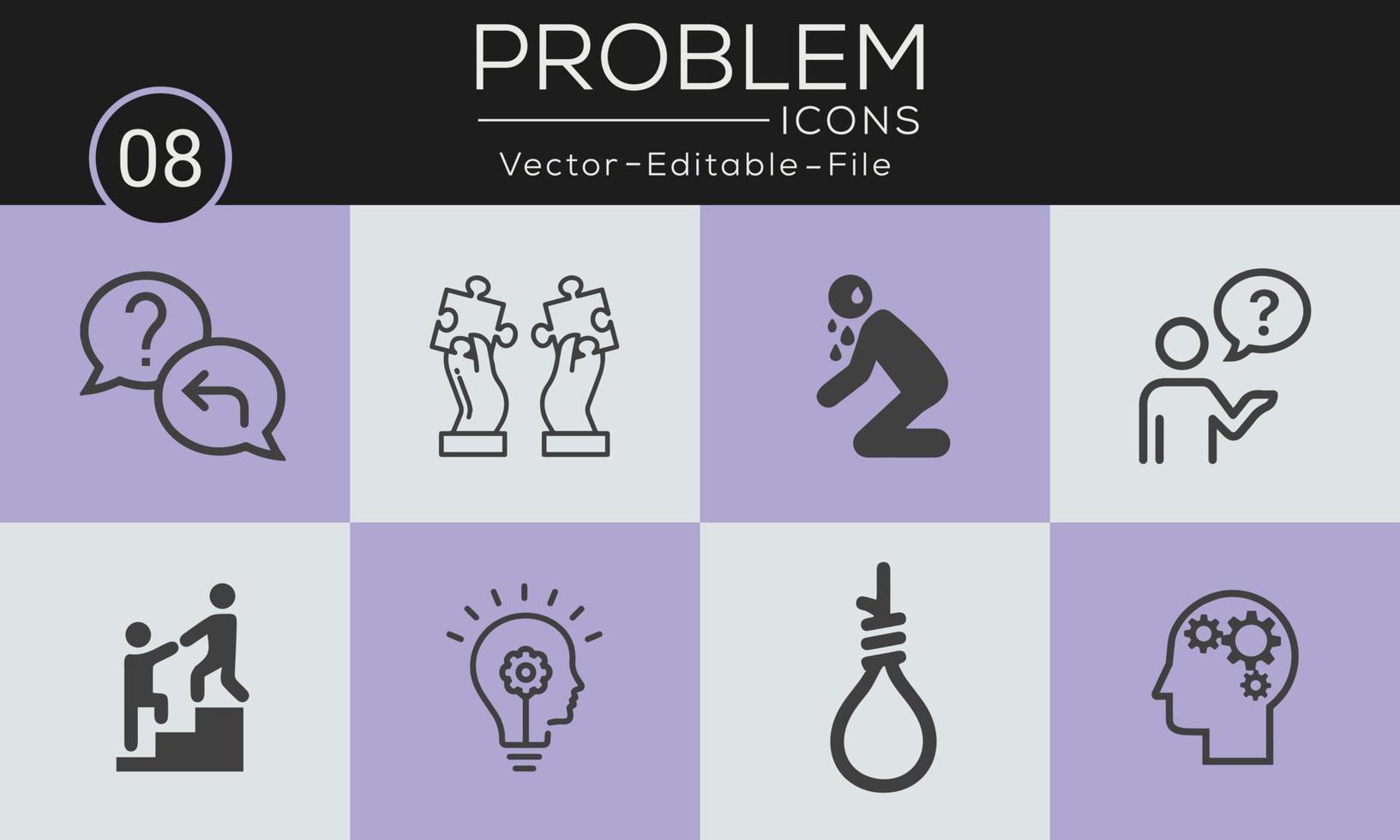 Problem concept icons set. Contains such icons problem solving, depression, analyze, solution and more, can be used for web and apps. Free vector available.