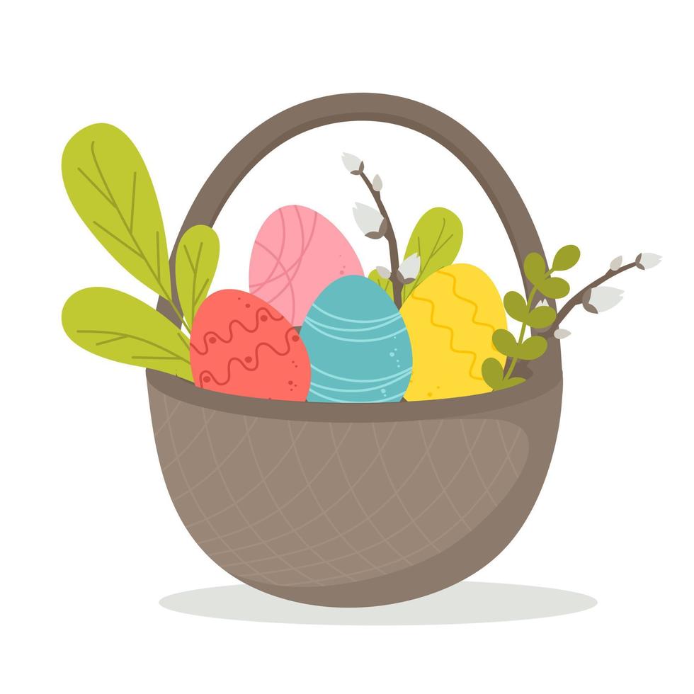 Basket with colorful eggs and willow Easter. Vector illustration in a flat style isolated on a white background