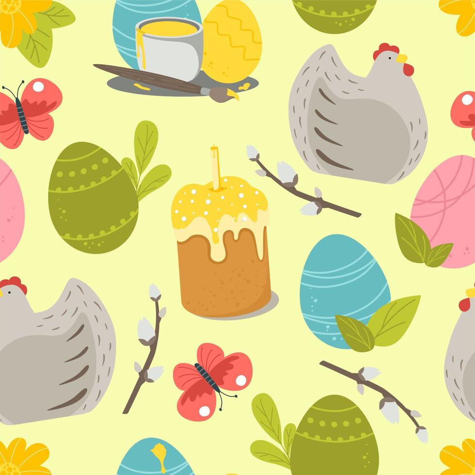 Easter pattern with a cake of eggs and chicken on a light green background. Vector illustration in a flat style