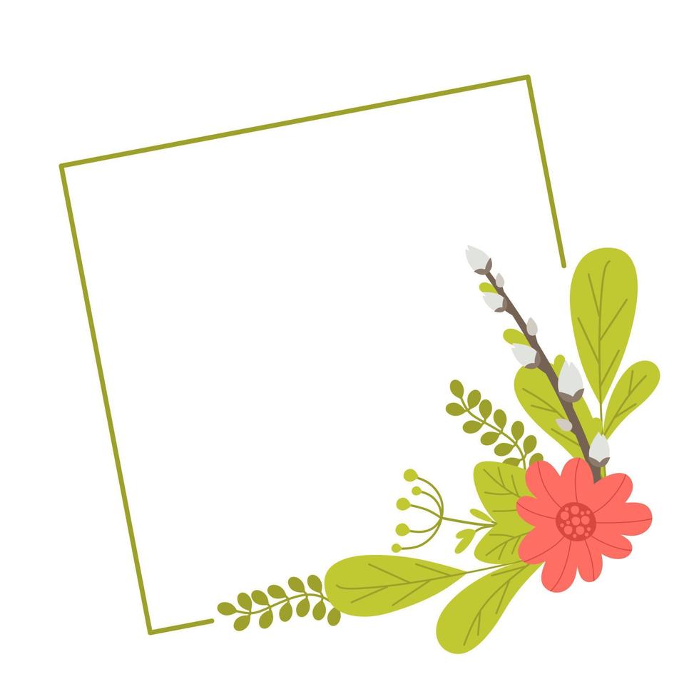 Square geometric frame with willow tulips and leaves. Vector illustration in a flat style isolated on a white background