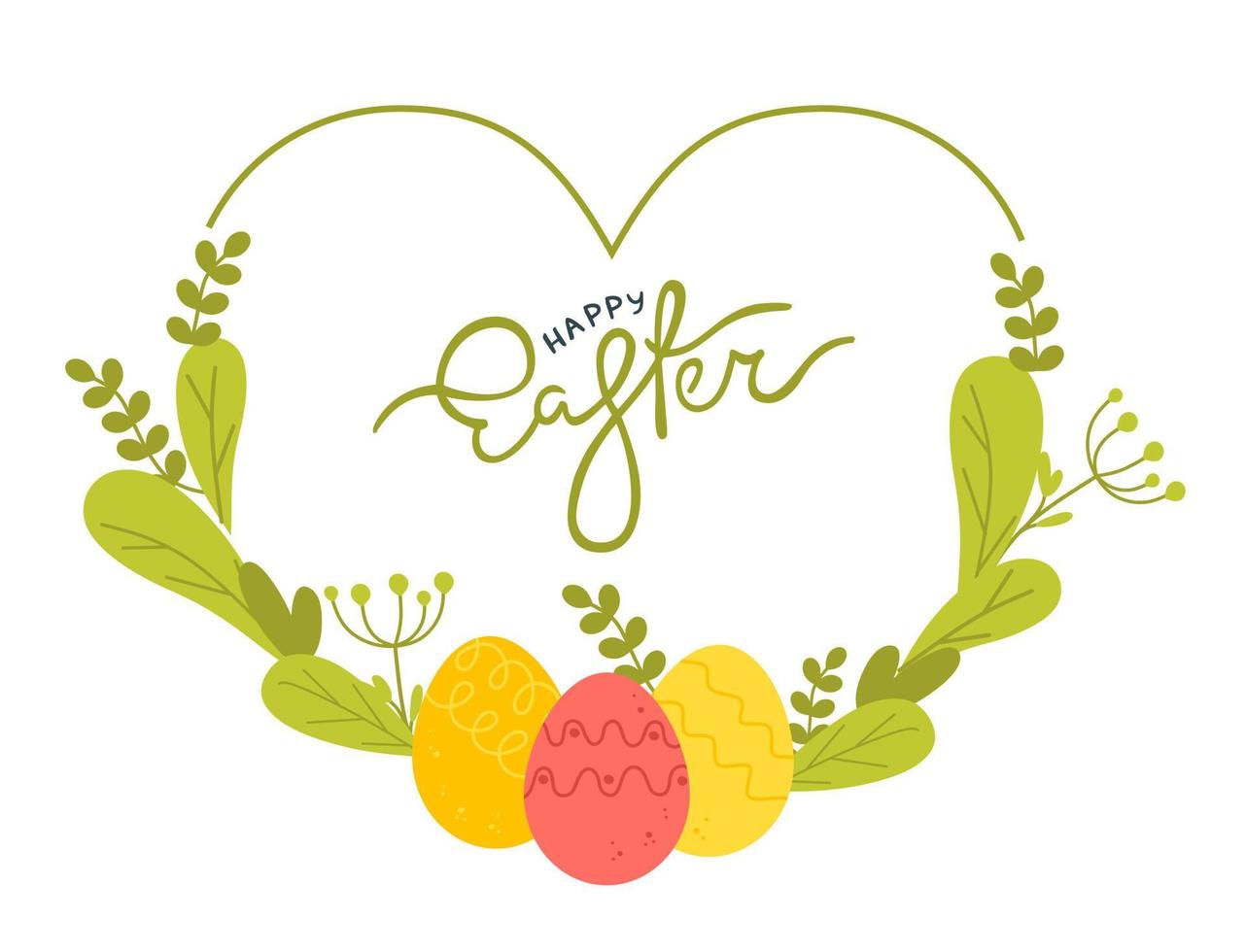 Heart frame with willow tulips and Easter eggs. Vector illustration in a flat style isolated on a white background