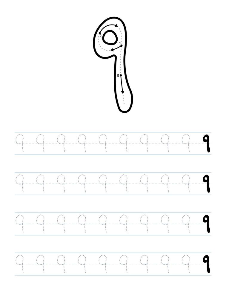Writing number 9 in arabic worksheet for kids vector