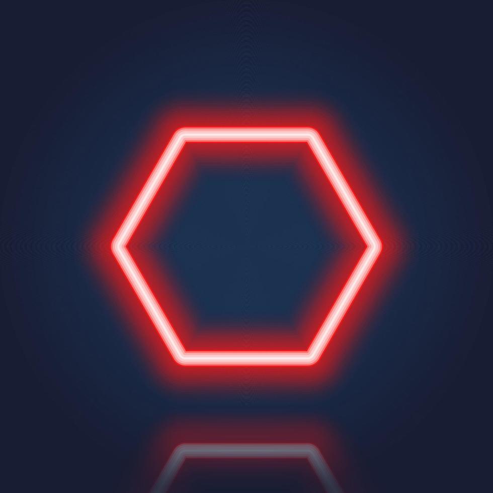 Red Realistic Hexagon Neon Banner with Reflection Effect. Neon Frame with Glowing Border on Dark Background. Electric Light Hexagon. Isolated Vector Illustration.