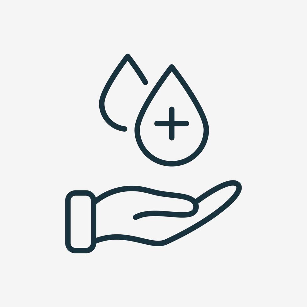 mano humana con gota de líquido desinfectante. icono de línea de procedimiento de higiene. lavarse las manos. gota de desinfectante y símbolo de gel de alcohol antiséptico. concepto de prevención. ilustración vectorial vector