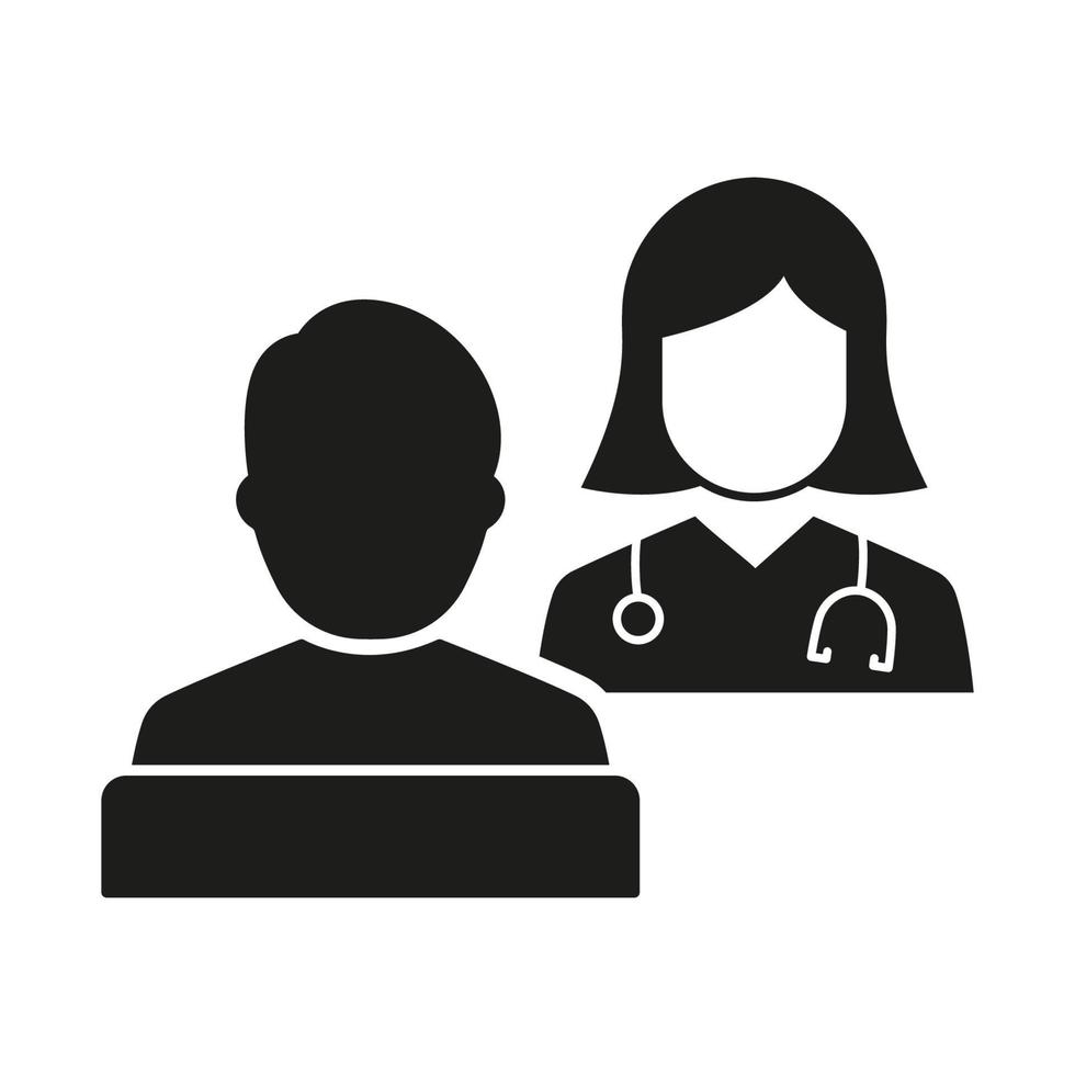 consulta de paciente y médico con pictograma negro de estetoscopio. icono de silueta del paciente de asesoramiento médico del hospital. icono de diálogo de atención médica. ilustración vectorial aislada. vector