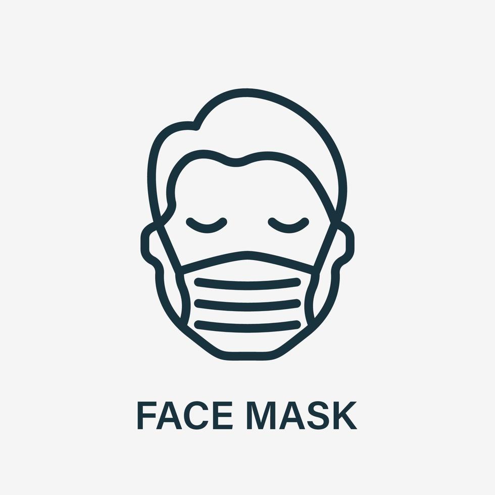 Man in Face Mask Line Icon. Medical Face Protection Mask Cover Mouth and Nose of Human. Wear Respirator against Virus, Air Pollution, Dust and Allergy. Vector illustration.