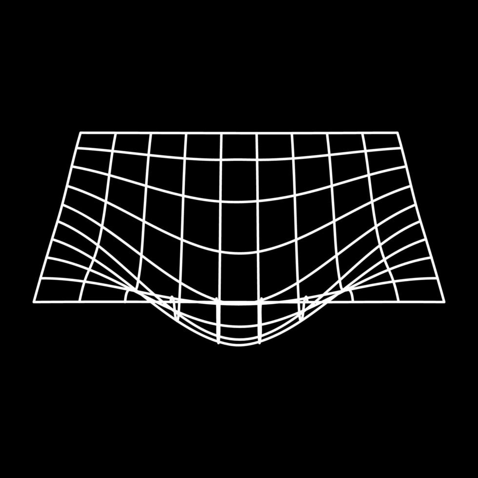 Mesh with Convex Distortion. Plane White Wave Grid. Distorted Grid Futuristic Wireframe Pattern. 3d Warp Geometric Shape with Curve Wavy Line on Black Background. Isolated Vector Illustration.