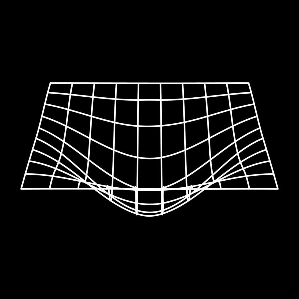 Mesh with Convex Distortion. Plane White Wave Grid. Distorted Grid Futuristic Wireframe Pattern. 3d Warp Geometric Shape with Curve Wavy Line on Black Background. Isolated Vector Illustration.