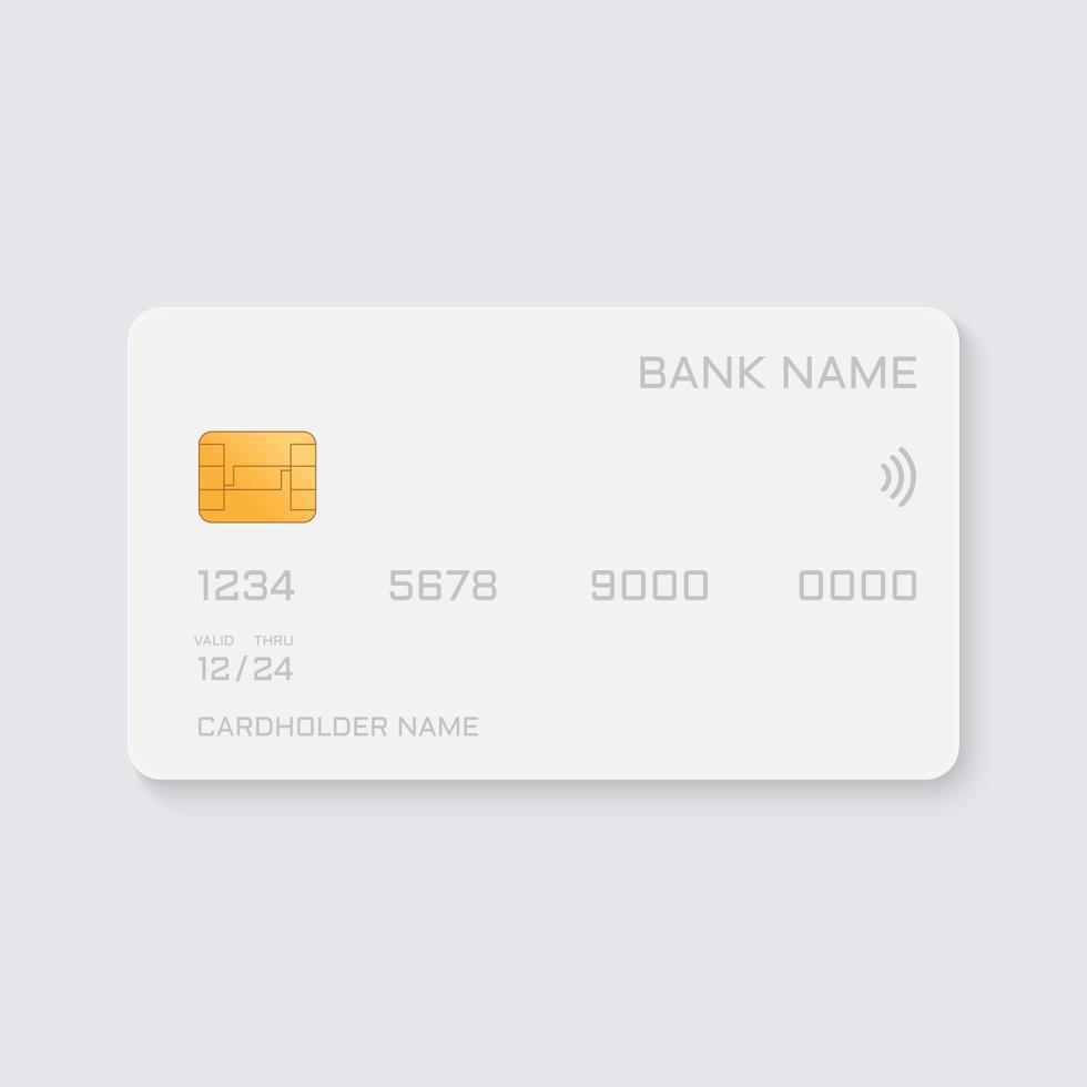 tarjeta de crédito simulada blanca para comercio electrónico. tarjeta de plástico blanca para transacciones de débito y crédito. plantilla de tarjeta bancaria con chip dorado. ilustración vectorial aislada. vector