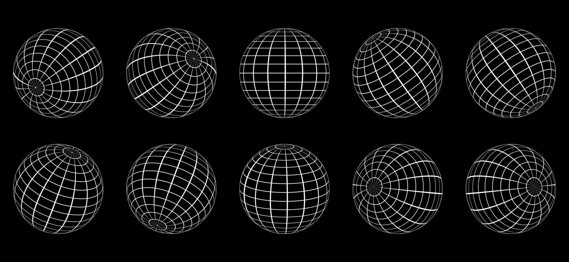 White Globe Grid Sphere Set on Black Background. 3D Wire Global Earth Latitude, Longitude. Wired Line 3D Planet Globe. Geometric Round Grid Mesh Ball. Wireframe Globe Surface. Isolated Vector. vector