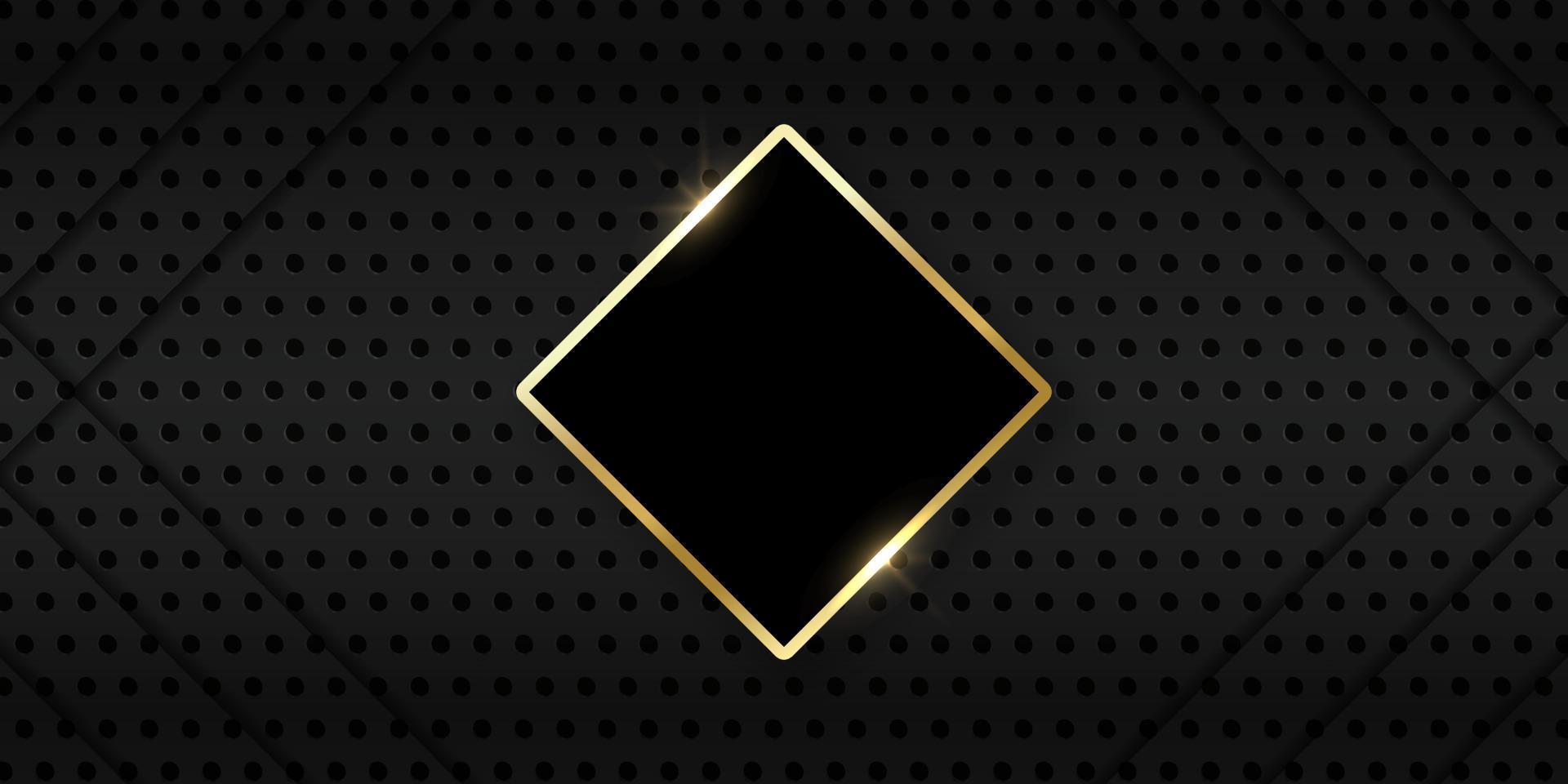 Golden Shiny Rhombus on Black Metal Meshed Background. Metal Dark Background Perforated by Dots with Gold Square Frame. Grid Pattern and 3D Lines. Abstract Modern Design. Vector Illustration.