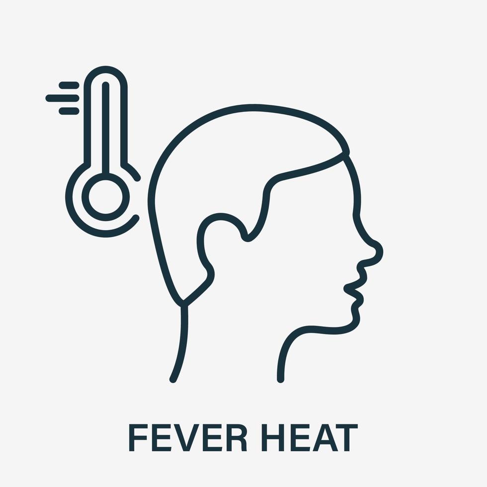 calor de fiebre, icono de alta temperatura. temperatura corporal, síntoma de fiebre, icono lineal del termómetro. gripe, virus, síntoma de coronavirus frío. pictograma para cartel médico. ilustración vectorial vector