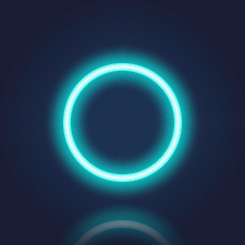 Blue Neon Frame with Reflection Effect. Realistic Circle Neon Banner with Glowing Border on Dark Background. Round Neon Shiny Sign. Electric Light Ring. Isolated Vector Illustration.