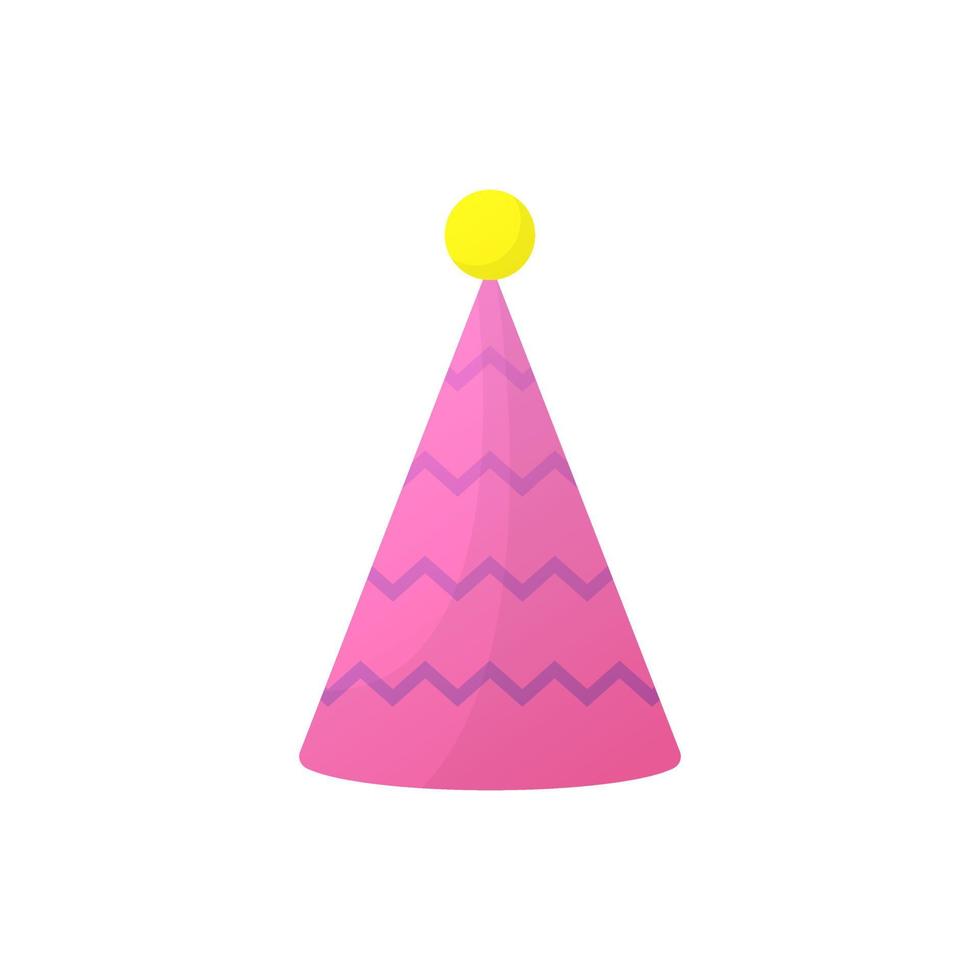 Accessory for Decoration New Year Party. Pink Birthday Party Hat on White Background. Colorful Funny Cartoon Cone Cap for Celebration Anniversary. Isolated Vector Illustration.