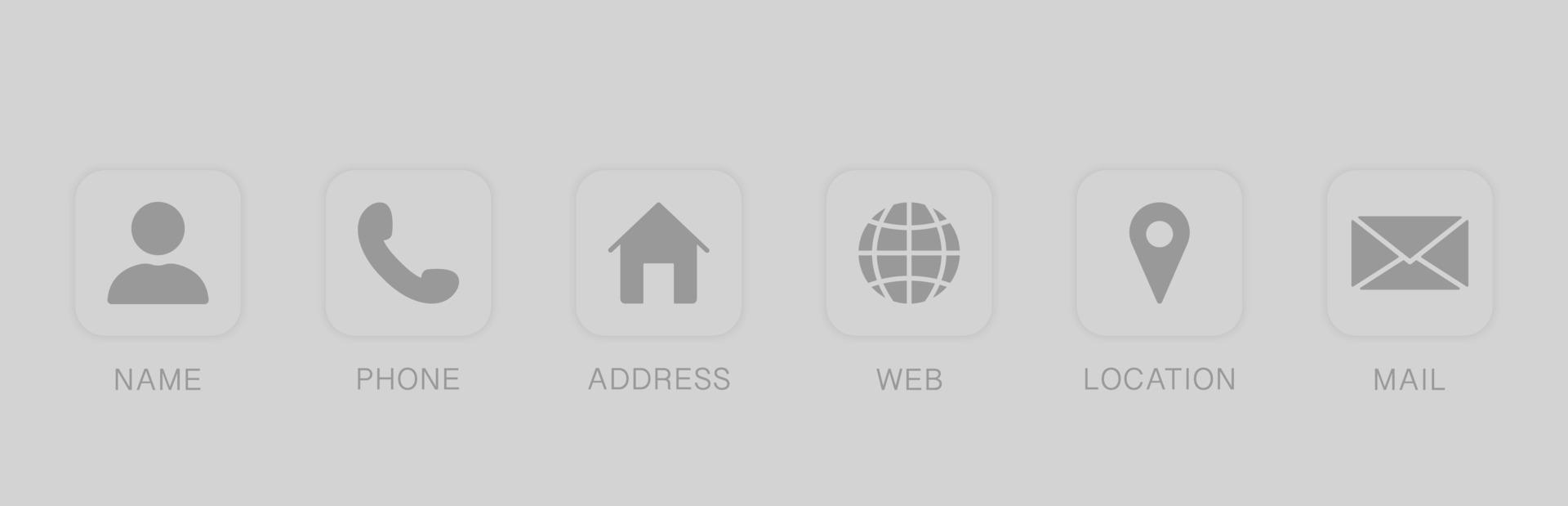 Business Card Contact Information Icon. Set of Contact Icons in square shapes. Communication symbol in Flat Style. Name, Address, Phone, Email, Website and Location Pictogram. Vector Illustration.