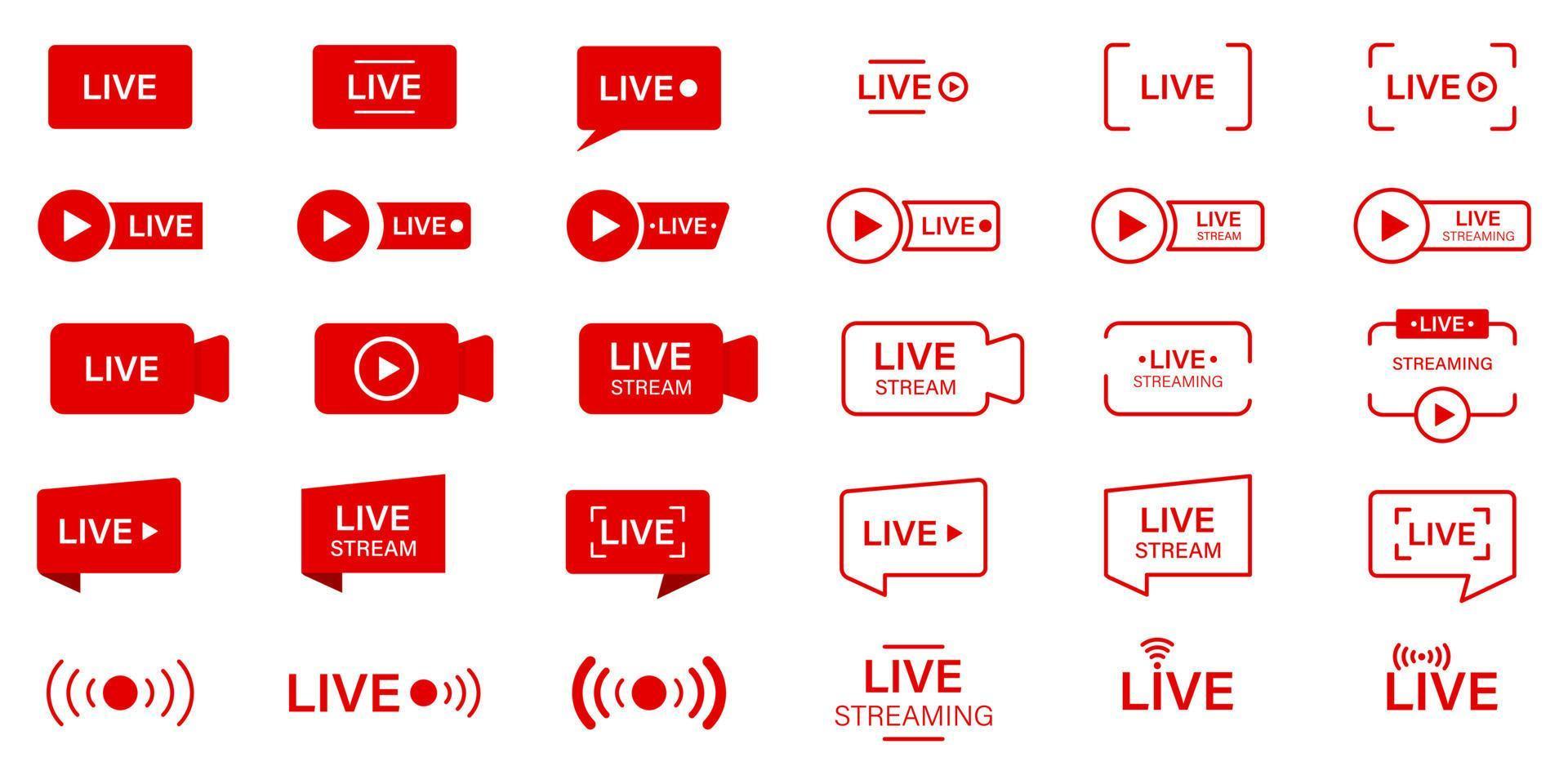 icono de línea de transmisión en vivo. pictograma de botones de transmisión en línea. símbolo rojo de transmisión en vivo. conjunto de signos de transmisión en vivo. noticias en línea, espectáculo, canal de televisión. ilustración vectorial aislada. vector