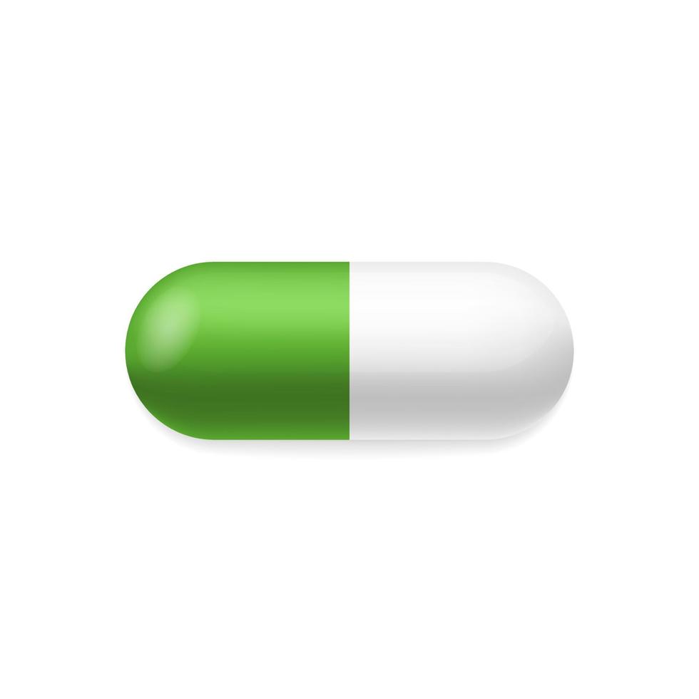 Medical Capsule and Tablet. 3d Realistic Green Pill on White Background. Medical and Healthcare Concept. Template Pharmaceutical Medicament. Isolated Vector Illustration.