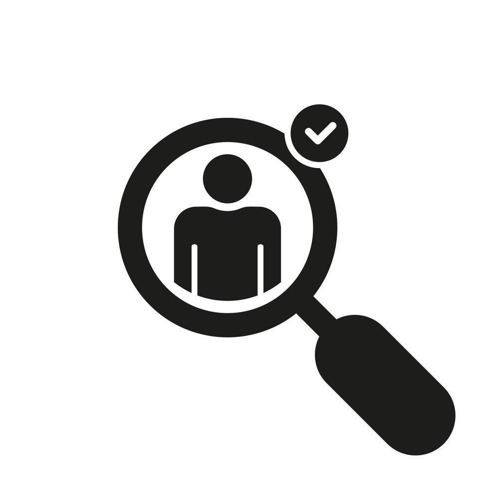 Find Qualify Status Employee Silhouette Icon. Search, Select, Check, Magnify Person Pictogram. Checked Qualify Status of Employee Symbol. People Social Grade. Isolated Vector Illustration.