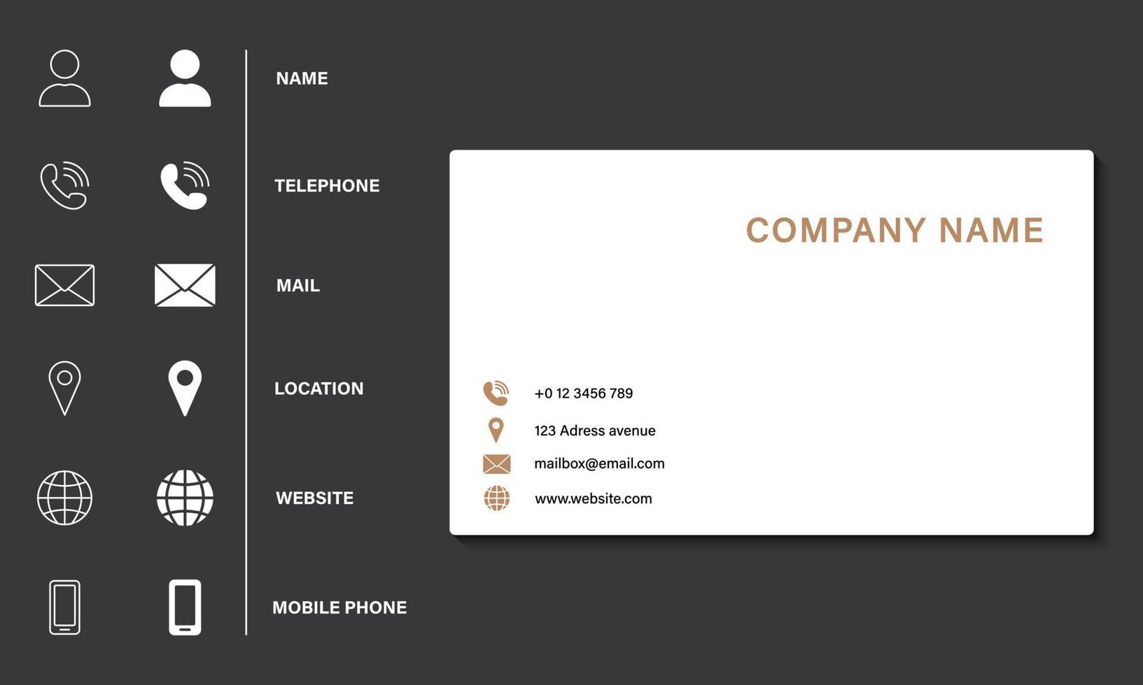 Empty White Business Card Template on Black Background. Contact Information Icons Set. Address, Mobile Phone, Location, Name, Mail, Website Icons Set. Blank White Business Card. Vector Illustration.