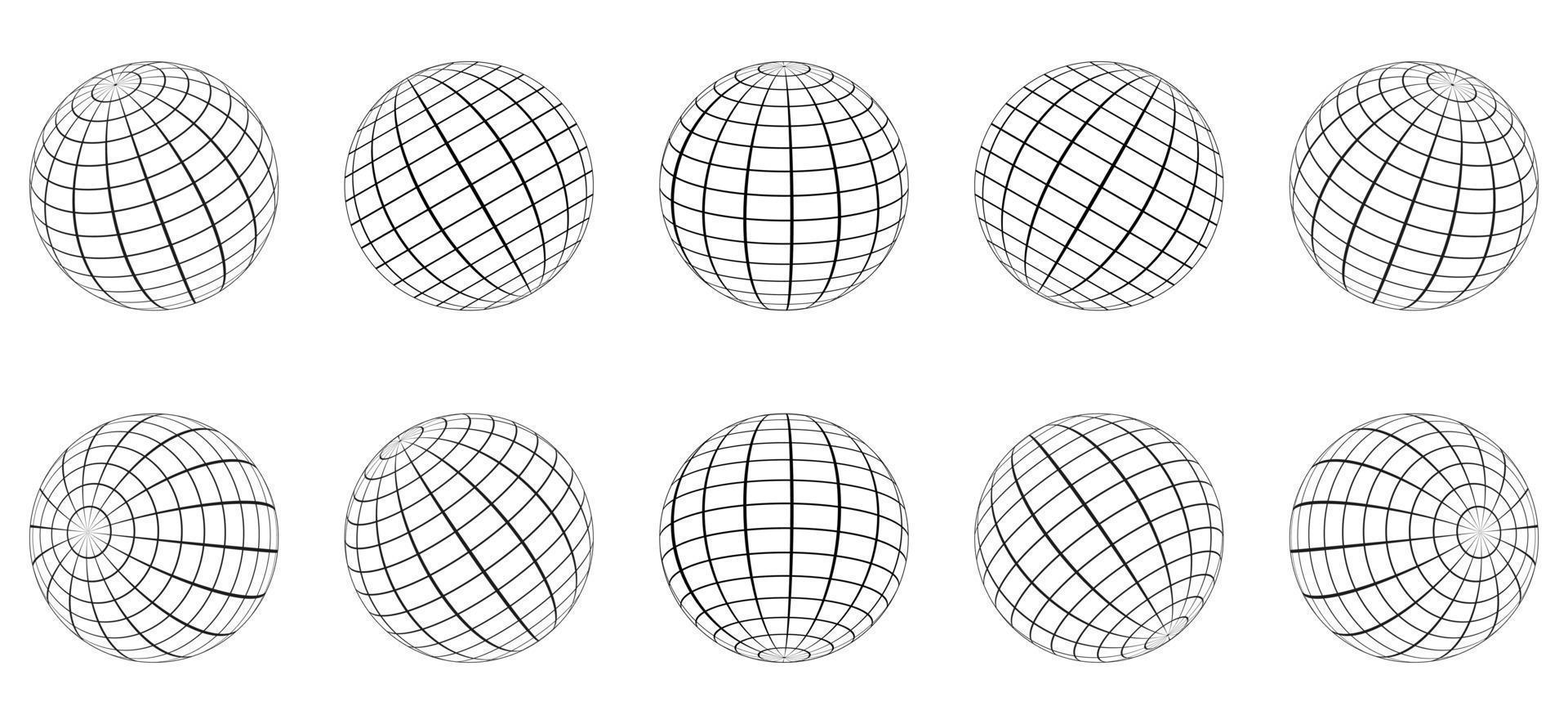 Globe Grid Sphere Set. 3D Wire Global Earth Latitude, Longitude. Geometric Grid Globe. Wired Line 3D Planet Globe. Round Grid Mesh Ball. Wireframe Globe Surface. Isolated Vector Illustration.