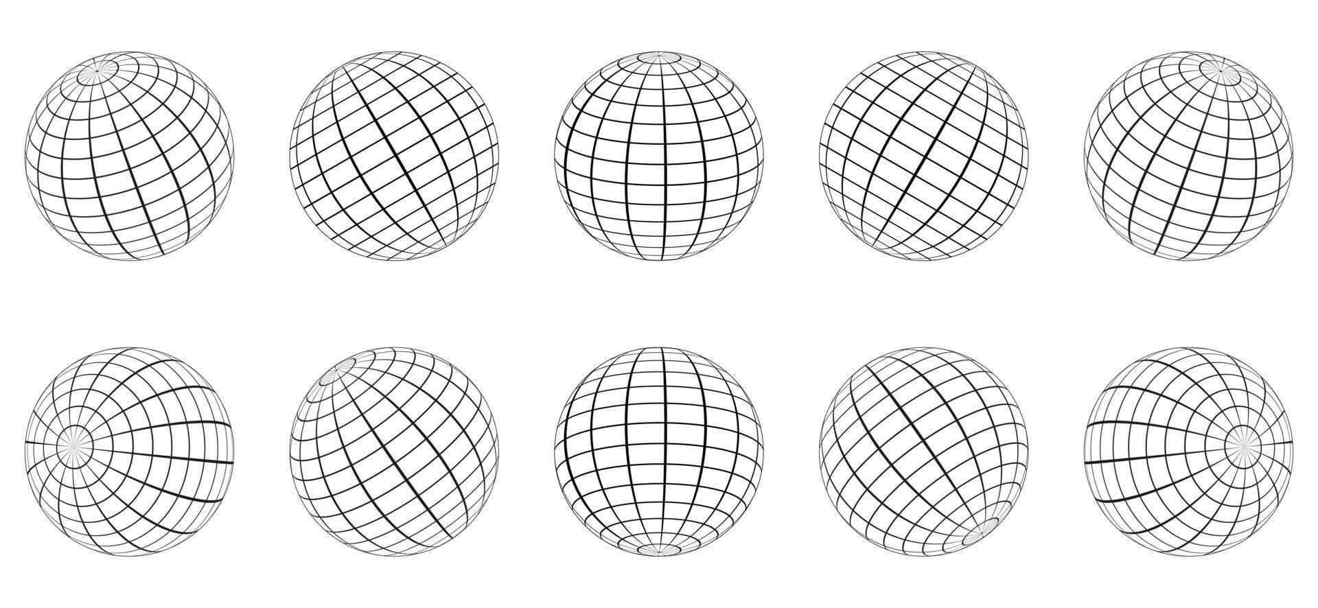 Globe Grid Sphere Set. 3D Wire Global Earth Latitude, Longitude. Geometric Grid Globe. Wired Line 3D Planet Globe. Round Grid Mesh Ball. Wireframe Globe Surface. Isolated Vector Illustration.