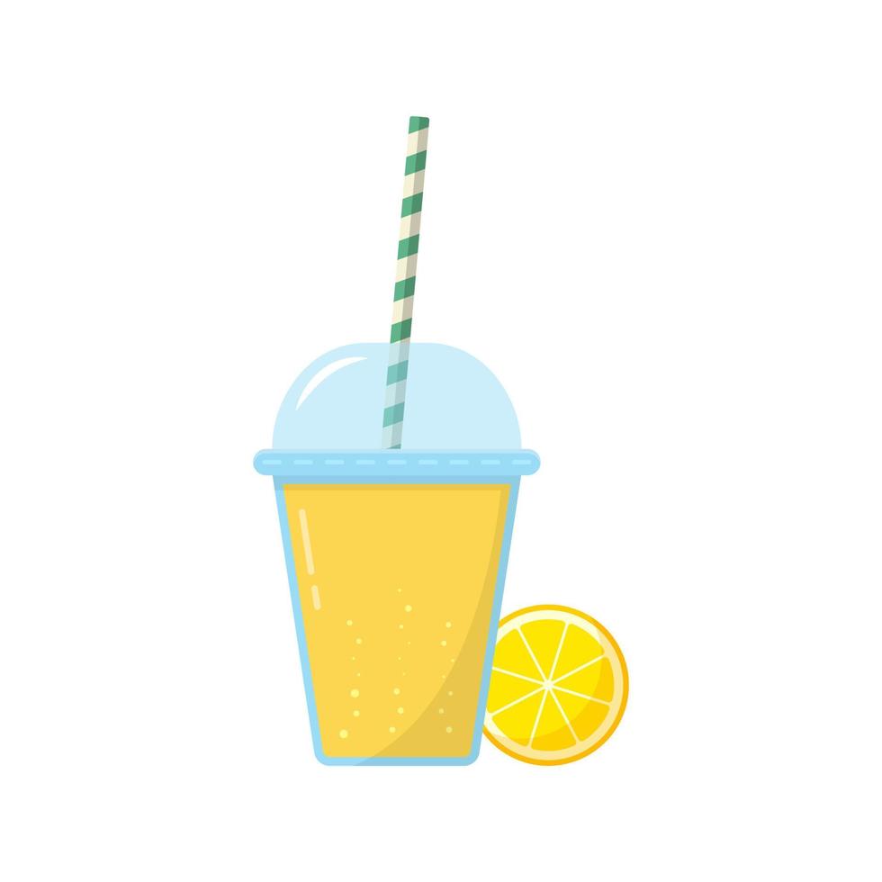 Lemon Lemonade in Glass with Cap and Straw Illustration. Slice of Lemon with Fresh Juice on White Background. Ice Fruit Cocktails in Cup. Healthy Drink. Isolated Vector. vector