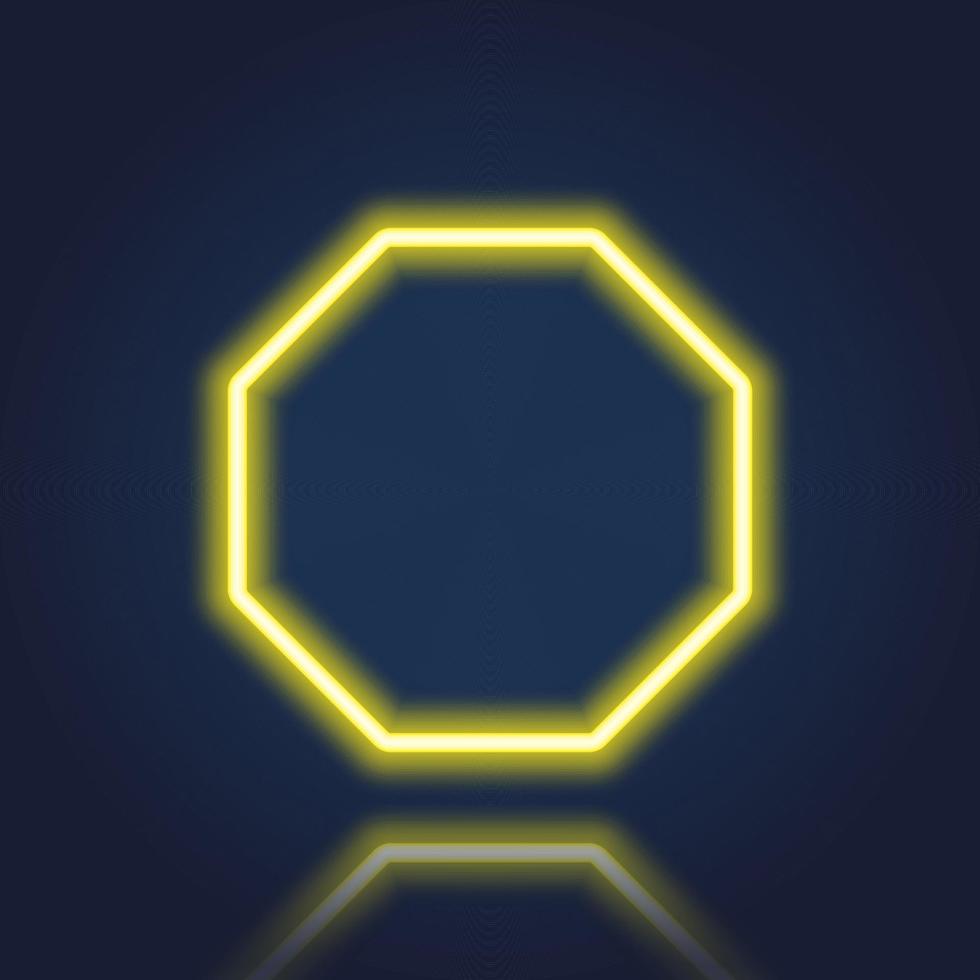 Yellow Neon Octagon Frame with Reflection Effect. Electric Light Octagon on Dark Background. Realistic Neon Frame with Glowing Border. Isolated Vector Illustration.