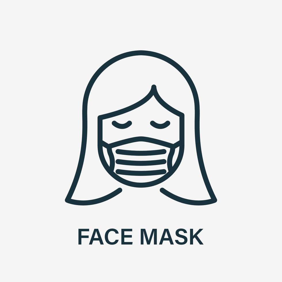 mujer en icono de línea de mascarilla médica. máscara de protección facial que cubre la nariz y la boca de la niña. use respirador contra la contaminación del aire, virus, alergias y polvo. ilustración vectorial vector