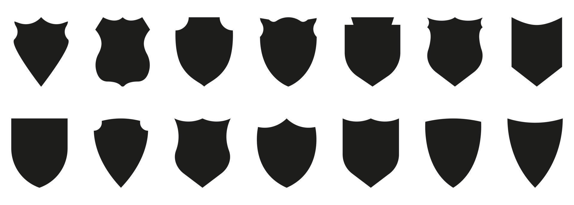 Shield Silhouette Icon Set. Antivirus Protect. Police Badge Shape and Football Patches. Sign of Safety, Defence, Safe Pictogram. Guard Defense Emblem Collection Icon. Isolated Vector Illustration.