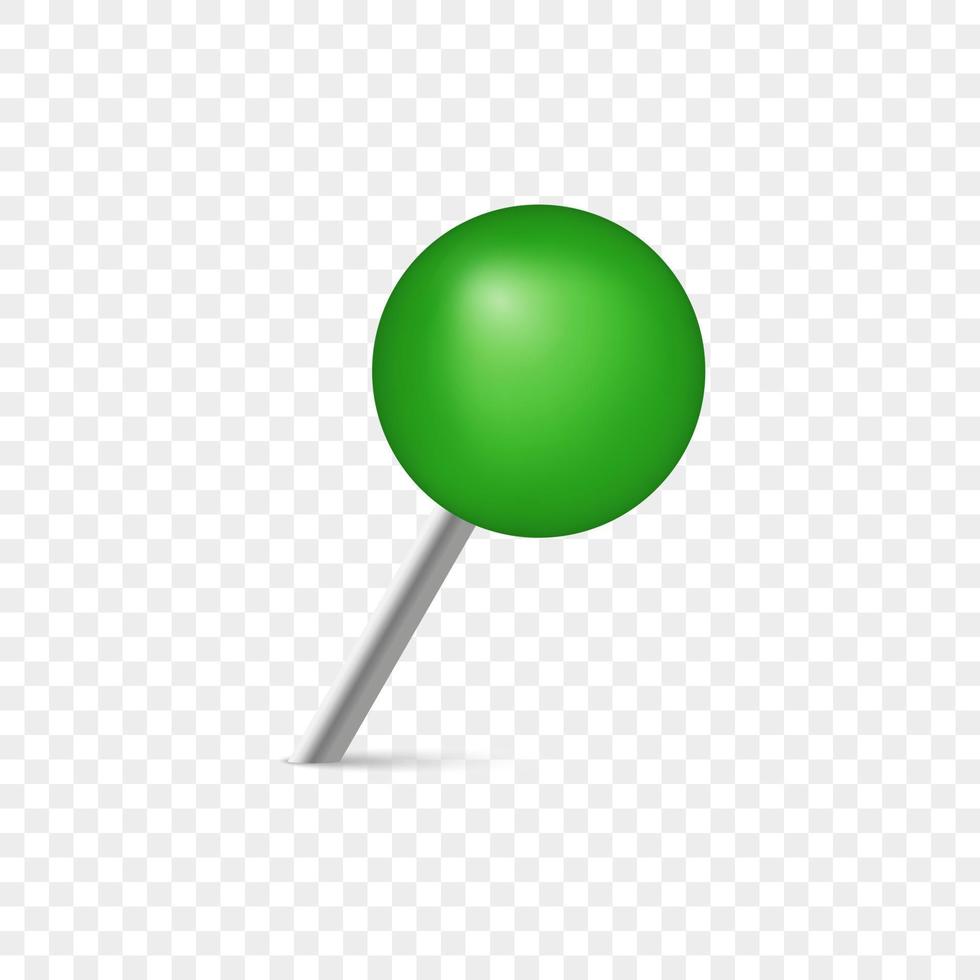 Pushpin with Metal Needle and Green head. Office Thumbtack for Notice Board and Attach Paper on Wall. Plastic Circle Push Pin on Transparent Background. Isolated Vector Illustration.