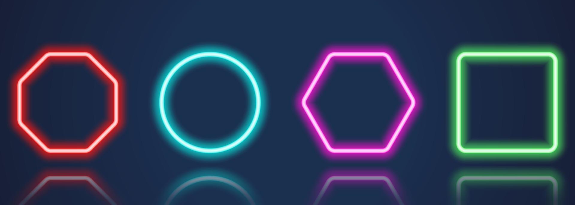 Glowing Neon Frames on Dark Blue Background Set. Frames with Neon Colored Border in Different Geometric Shapes. Collection of Shiny Neon Frames with Reflection Effect. Isolated Vector Illustration.