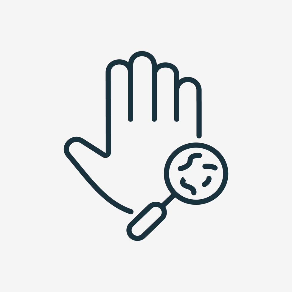 Bacteria, Germs, Microbes and Bacilli on Dirty Hand Palm Line Icon. Magnifier and Human Hand with Virus and Bacteria. Medical Research of Virus Skin Diseases. Vector illustration.