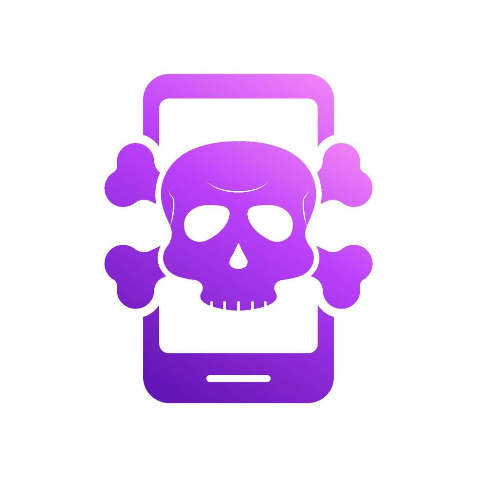 Virus Alert Icon. Smartphone with Virus. Cyber Attack Alert Icon with Skull. Phishing Scam concept. Hacker Attack, Phishing and Fraud. Vector illustration.