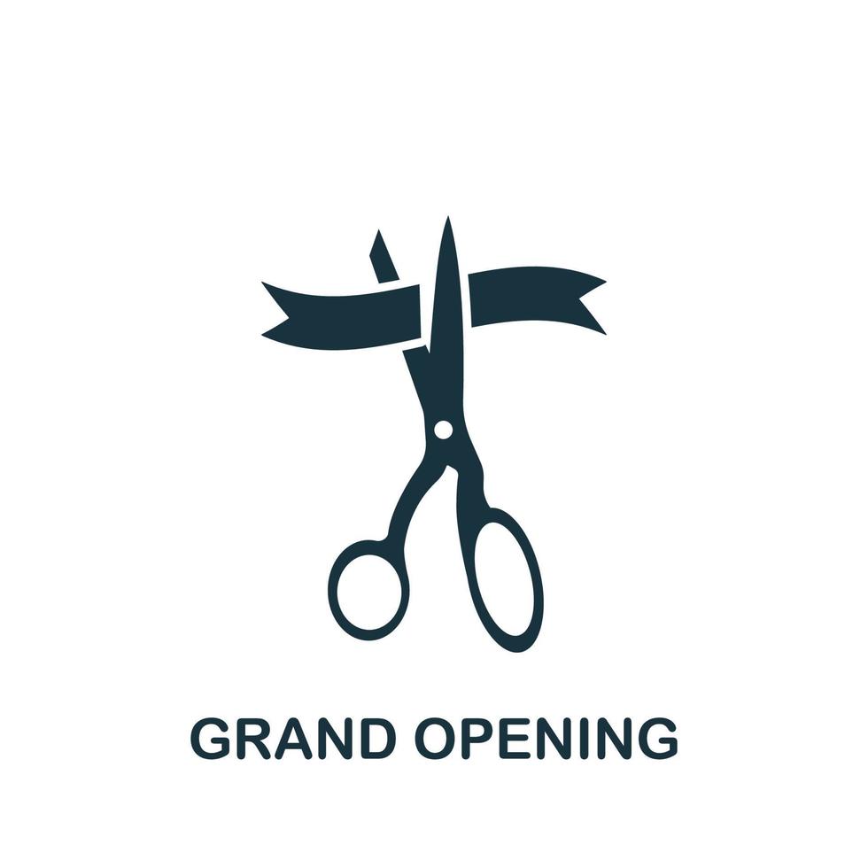 Grand Opening Icon. Scissors Cutting Ribbon Icon. Open, Ribbon, Cut, Inauguration, Scissors, Ceremony concept. Grand Opening pictogram on white background. Vector illustration.