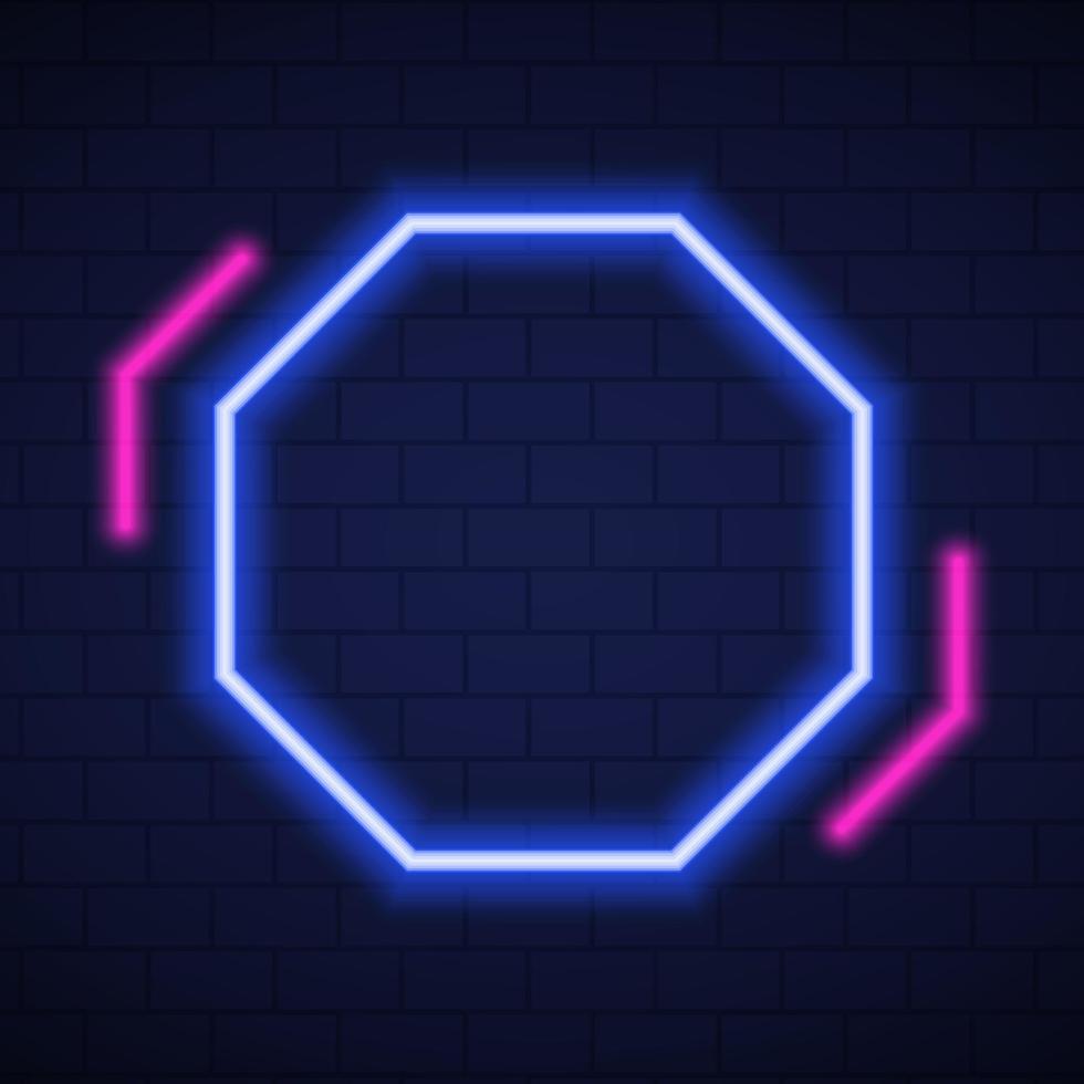 Octagon Frame with Neon Led Border for Cafe, Party, Club. Night Club Neon Sign. Mockup of Neon Blue and Pink Lamp on Dark Brick Wall Background. Isolated Vector Illustration.